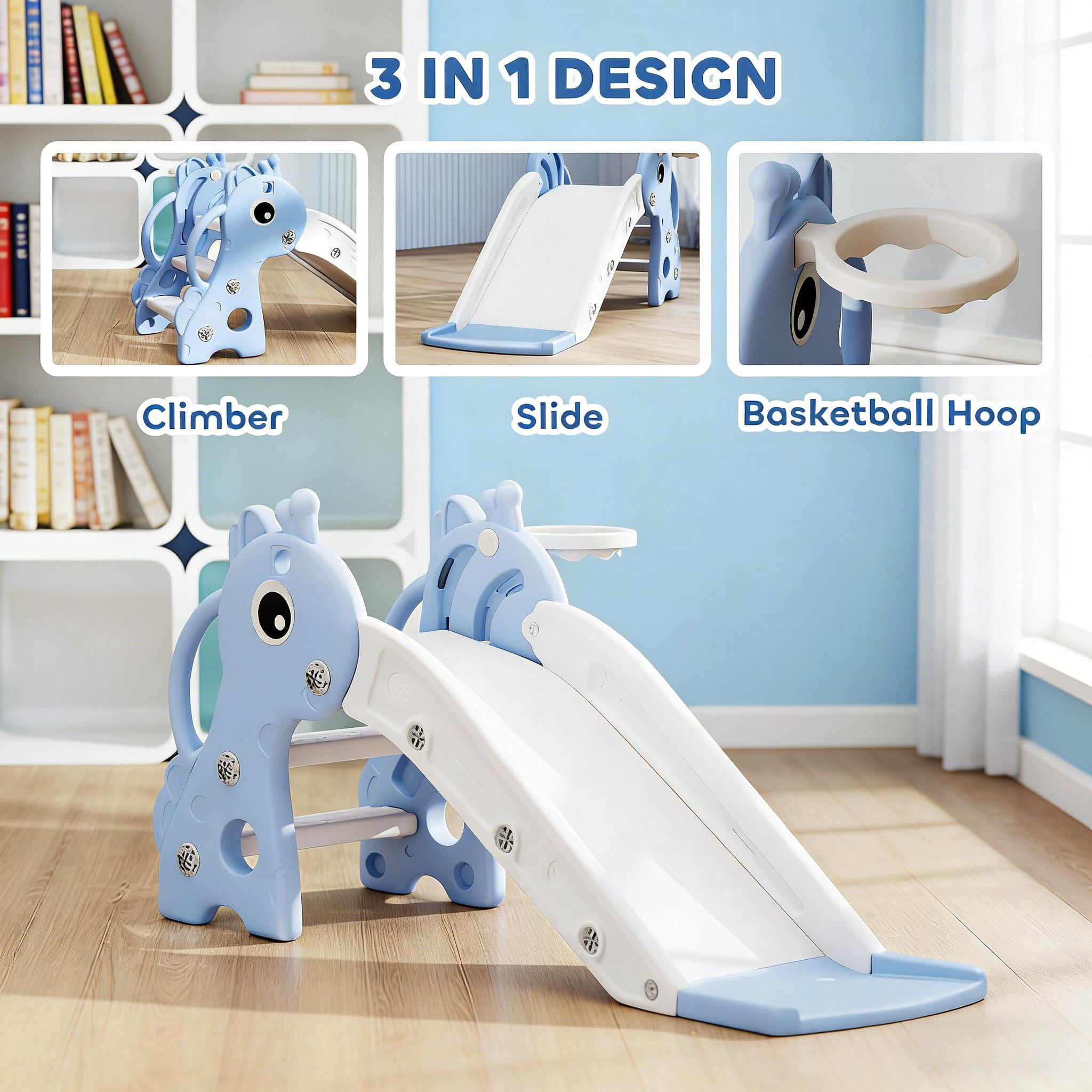 Freestanding Toddler Slide with Basketball Hoop, Giraffe Design HDPE Kids Playset, 3-Step Ladder with Handrails, Max Load 66 lbs for Ages 1-3