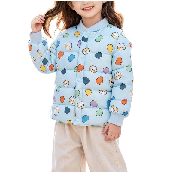 Fesfesfes Kids Unisex Stand Collar Lightweight Quilted Jacket Snap Button Cartoon Print Relaxed Fit Warm Inner Coat for Boys Girls 2-8 Years
