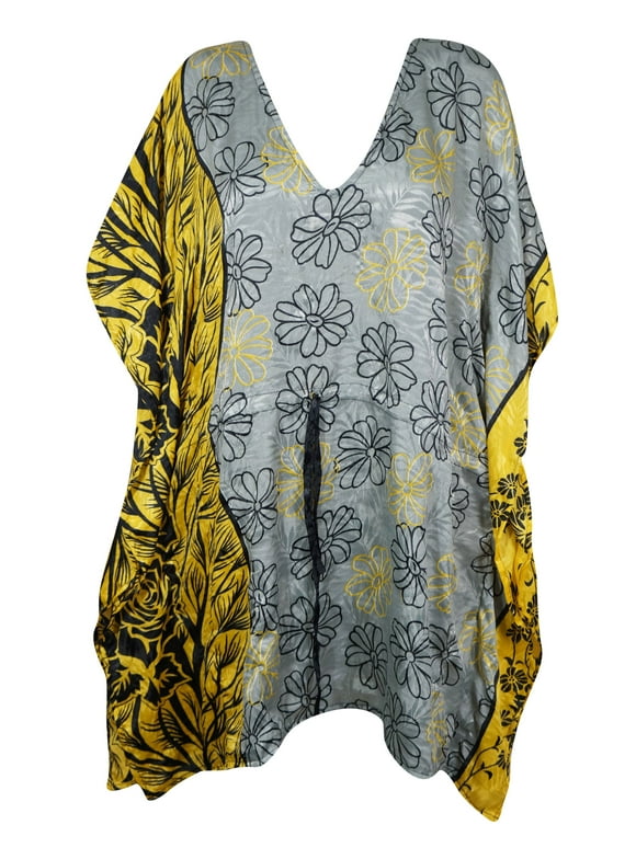 Mogul Women Gray Floral Print Short kaftan Dress, Boho Kimono Beach M-XL