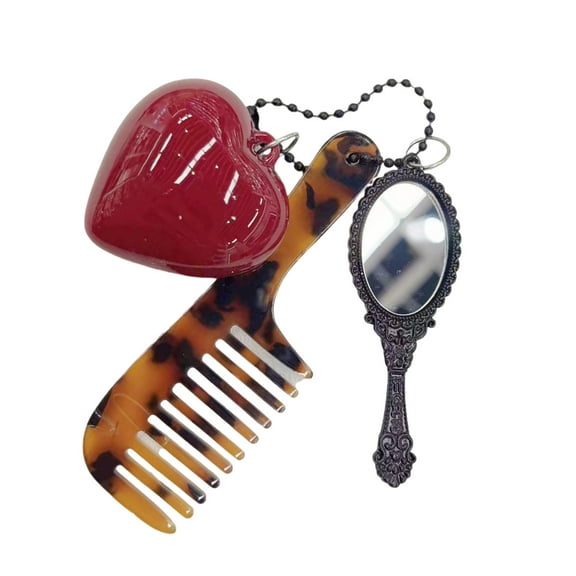 Leopard Pattern Acetate Comb Keychain with Makeup Tool and Heart Pendant Metal Keyring Trendy Gift for Women Girls