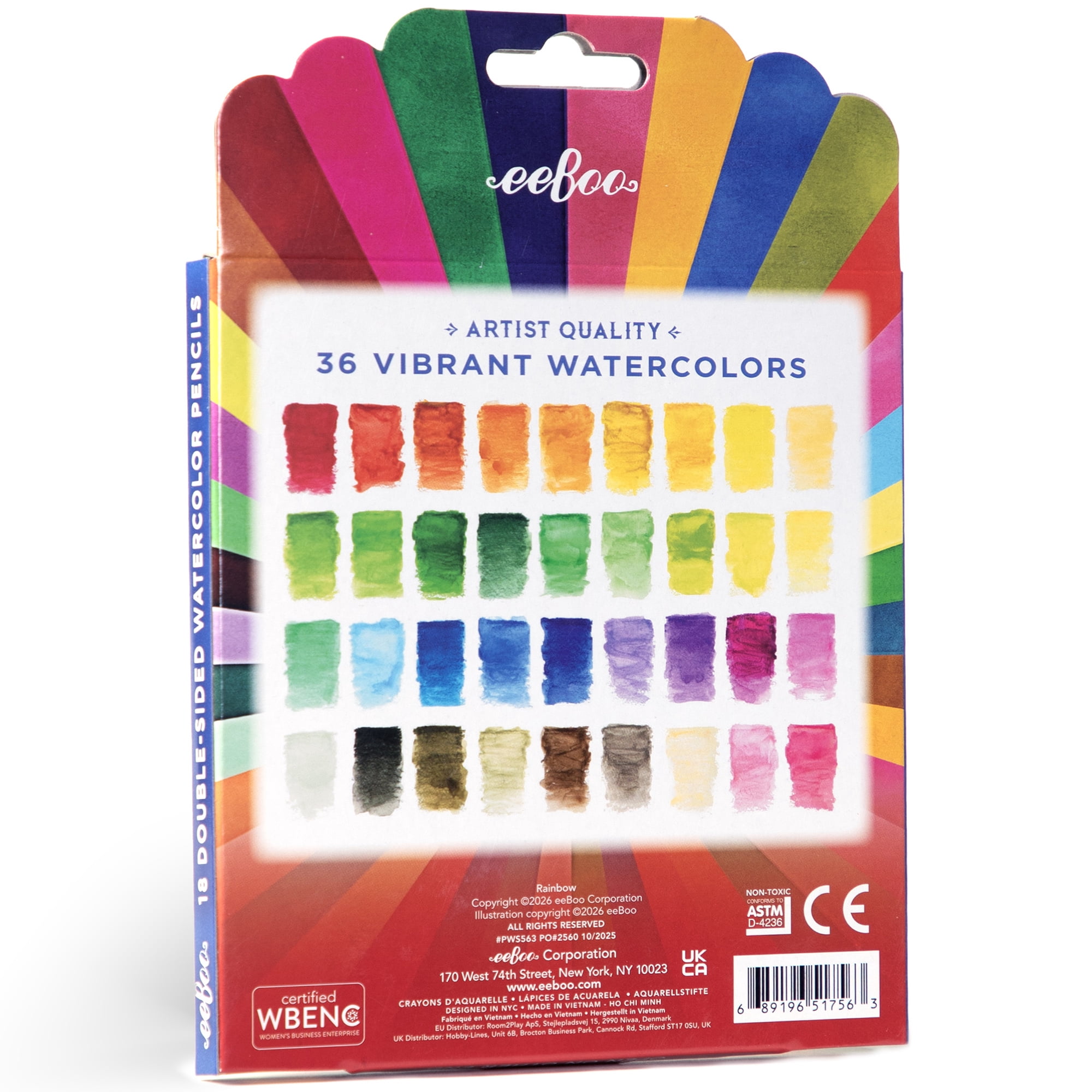 eeBoo: Watercolor Pencils - Rainbow - 18 Double-Sided Pieces, 36 Colors, Foil Barrels, Artist Quality, Adults Art Supplies