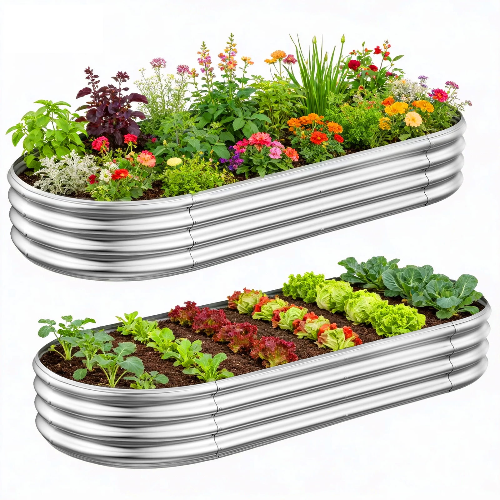 Asotewt Raised Garden Bed 4ft Oval Large Rot-Resistant Galvanized Metal Planter Box,2pack,Silver