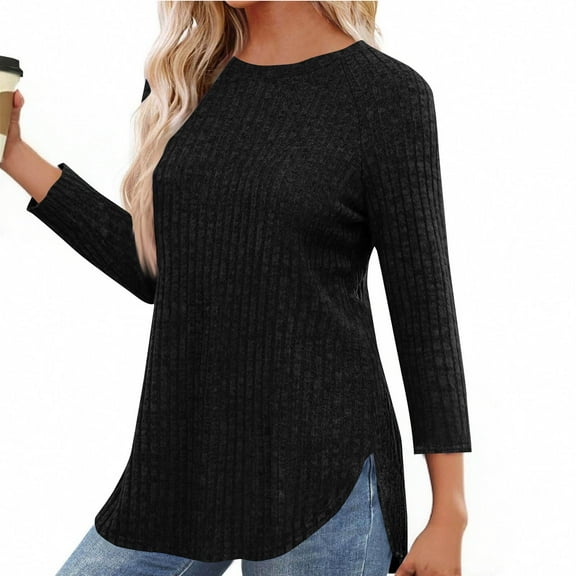 Chiccall Womens Lightweight Sweaters Fall Loose Ribbed Knit Crew Neck Side Slit Tops Blouse