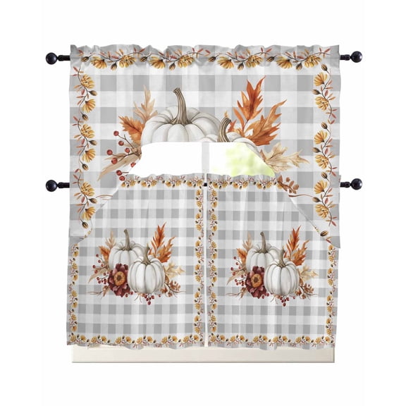Grey Fall Swag Kitchen Curtains Sets for Windows 24 Inch Length, Thanksgiving Maple Leaf Harvest Botanical Plaid Short Window Curtain Panels Swags Valances and Tiers 3 Piece Set for Cafe/Dining Room