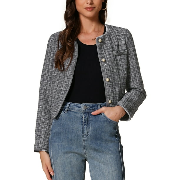 CHAQUETA DE TWEED PARA MUJER CON CUELLO REDONDO Y CIERRE DE BOTONES DE LARGA MANGA XL NEGRO GRIS
