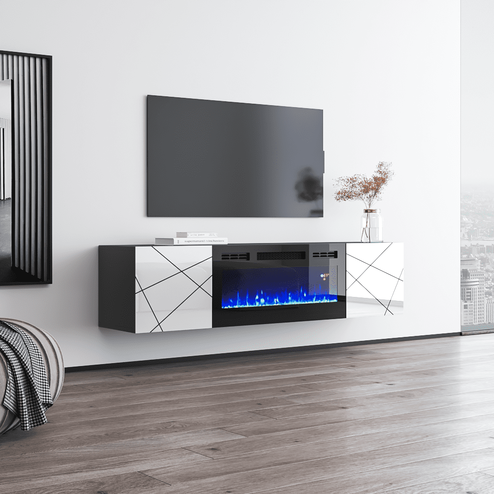 London BL-EF Fireplace TV Stand for TVs up to 70", Modern High Gloss 63" Entertainment Center, Electric Fireplace TV Media Console with Storage Cabinets