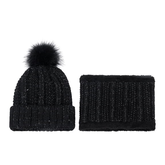 OULII Winter Set for Women - Black Knitted Hat and Warm Woolen Yarn Scarf for Cold Weather