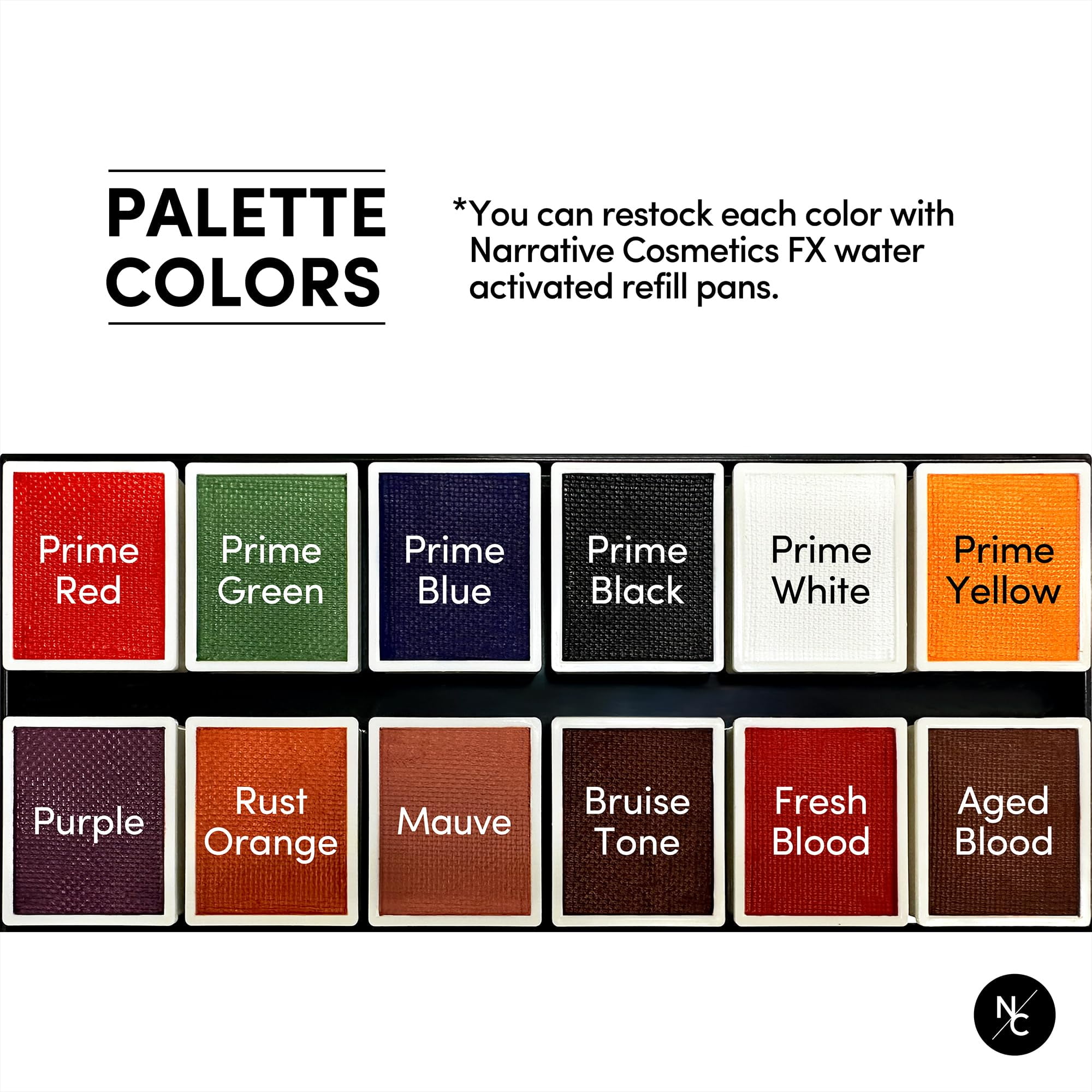 Narrative Cosmetics FX 12-Color Palette - Water-Activated Face & Body Paint for SFX, Theater, Cosplay - High-Pigment, Blendable SFX Makeup, Easy-to-Use for Film & TV
