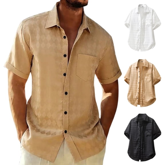 Xcmzpl Men's 70s Shirt Shiny Plaid Print Dress Short Sleeve Button Down Summer Shirts with Pocket Formal Casual Western VIntage Party Prom