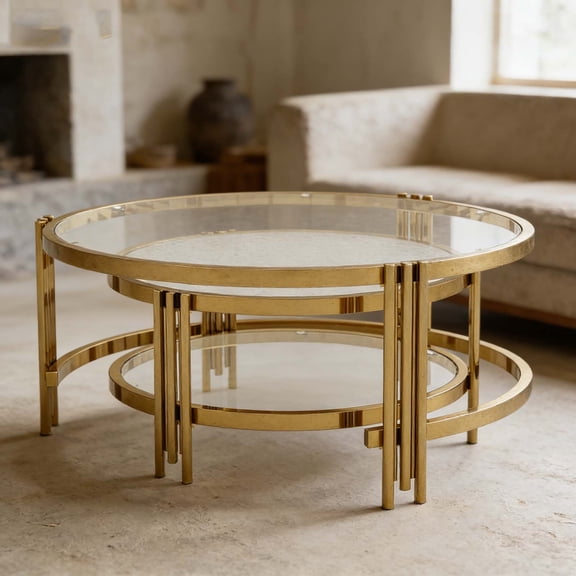 Modern Round Coffee Table Set 2-Piece Gold, Tempered Textured Glass Living Room Tables, 32.75 Inch Easy Clean
