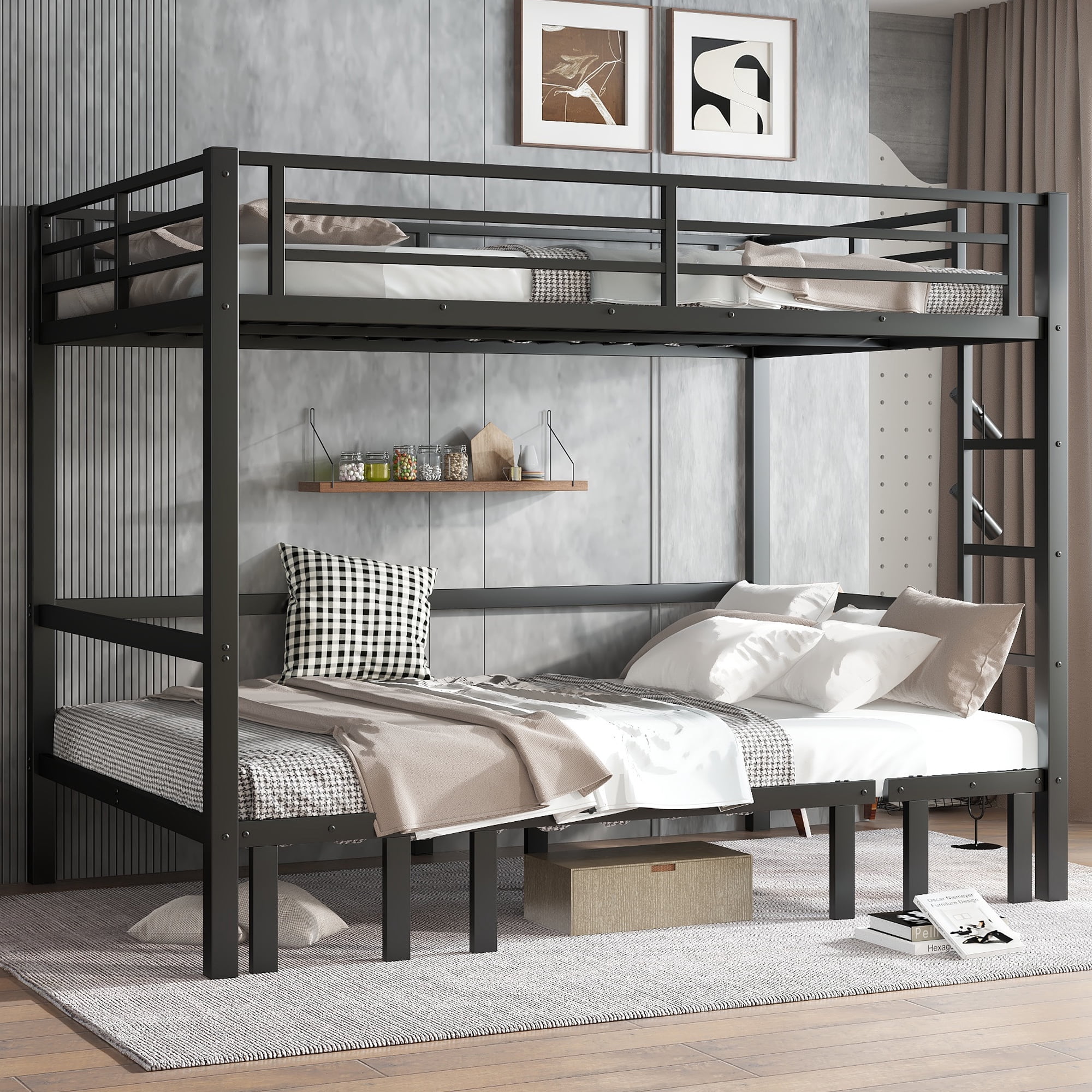 Mintazer Queen Over Queen Metal Bunk Bed with Pull-Out Lower Bed & Guardrails for Teens Adults Bedroom Dorm, Black