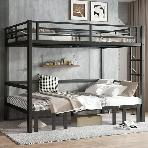 Queen over Queen Bunk Bed with Convertible Sofa Design, Metal Frame with Safety Rails, Space-Saving Bunk Bed, Black