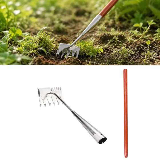 Stainless Steel Weeding Rake with 50cm Wooden Handle, Multi-Tooth Manual Garden Weeder Tool for Weed Removal, Soil Loosening & Flower Bed Maintenance