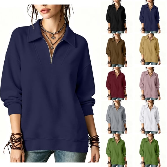 Half-Zip Sweatshirts for Women Zaewscy Women's /Winter Casual Long-Sleeve Hooded Sweatshirt With Zipper And Lapel Collar Navy XXL