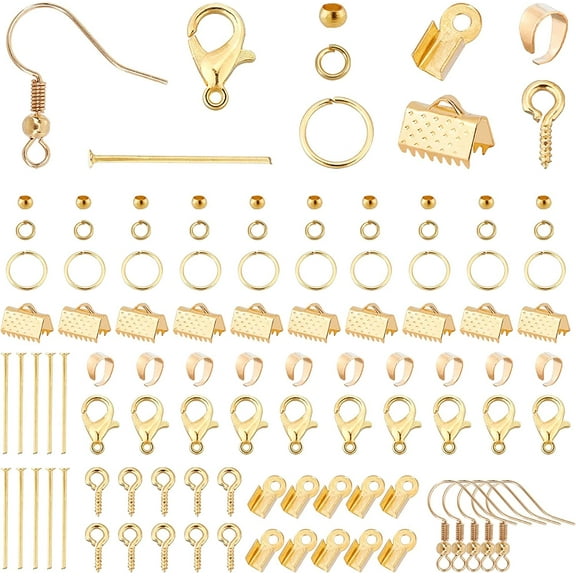 1box 650pcs Jewelry Making Kit Ribbon End Crimps Snap on Bails Open Jump Ring Flat Head Pins Earring Hooks Screw Eye Pin Peg Bails Folding Crimp Ends for Choker Anklets Earring Necklace