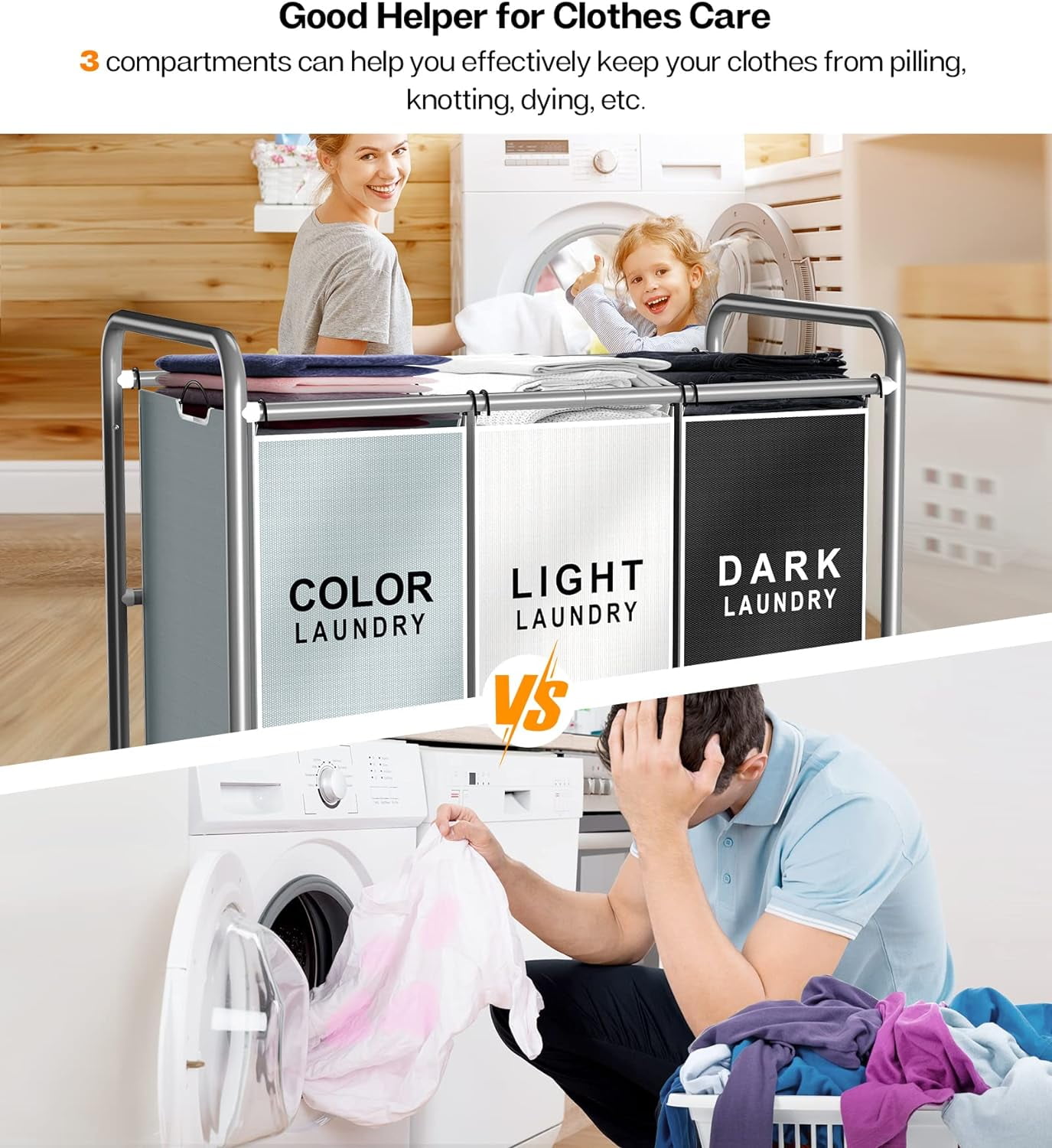 Laundry Sorter 3 Section, Separated Laundry Basket with Wheels, Rolling Laundry Hamper Cart with Large Capacity and Removable Bags, Divided Clothes Hamper for Family Laundry, Multicolor