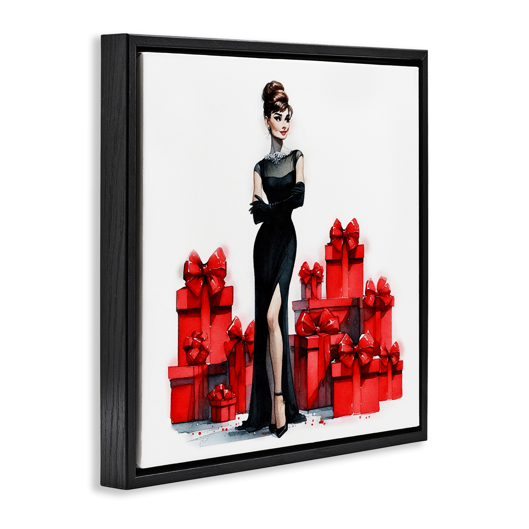 Stupell Industries Elegant Woman & Gifts Holiday Painting Black Floater Framed Canvas Art Prints Wall Art, 18 x 18