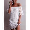 thumbnail image 2 of Mini vestido elegante holgado de manga corta con encaje floral vintage y hombros descubiertos para mujer Adepaton WRMH-229-15, 2 of 5
