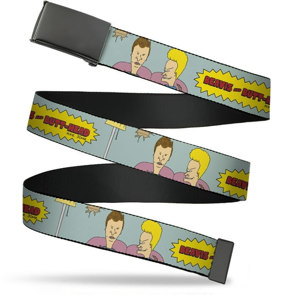 Adjustable Belt, Clamp Buckle, Cut-to-Fit, Beavis and Butt Head Couch Pose and Title Logo Light Blue