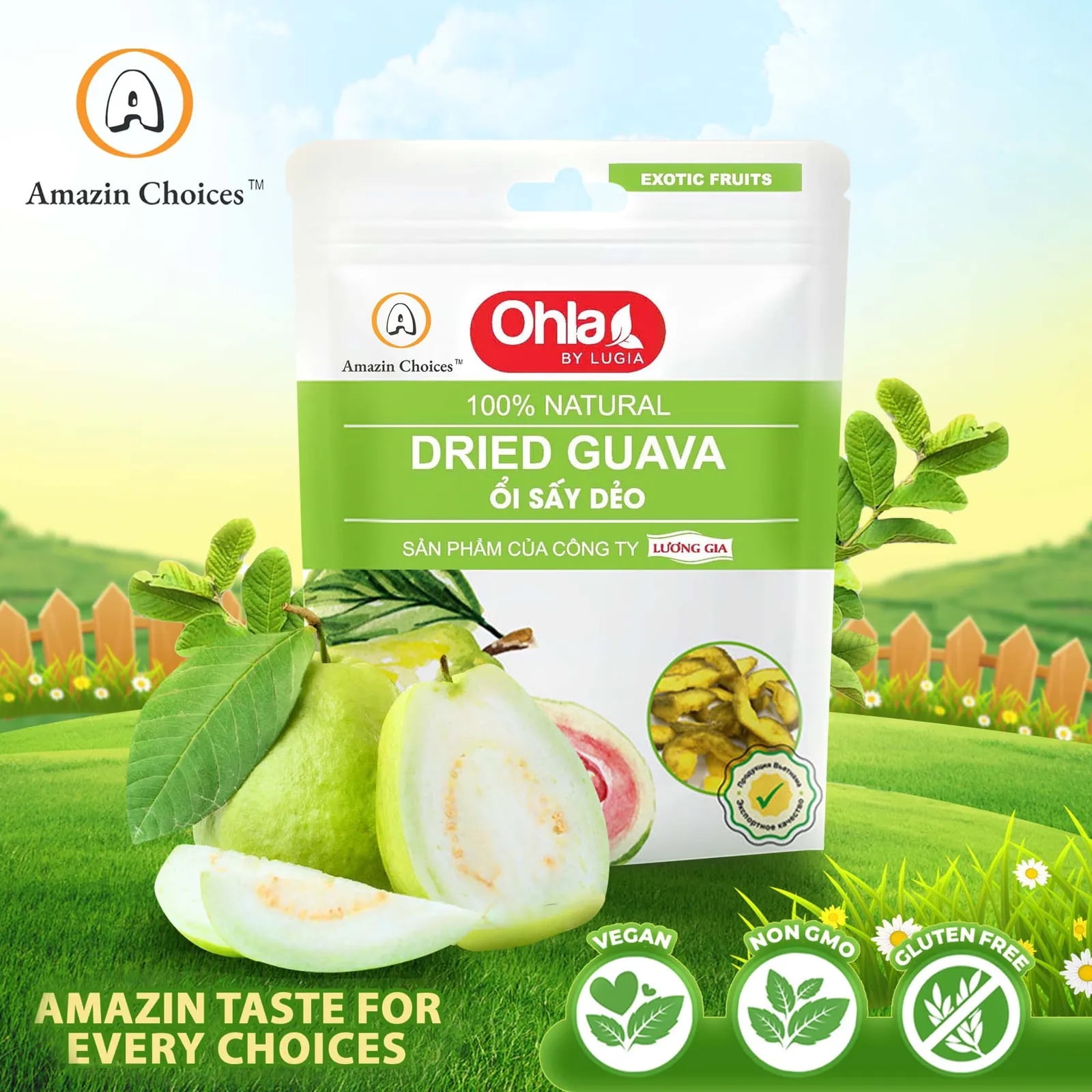 (5 pack) Amazin Choices Dried Guava, Gluten-Free, Vegan Snack, 17.64 oz