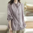 thumbnail image 2 of YUEHUA Women's Linen Blend Ruffle Trim Button Up Shirt, High Neck Long Sleeve Loose Fit Blouse, Vintage Style Casual Top, 2 of 8