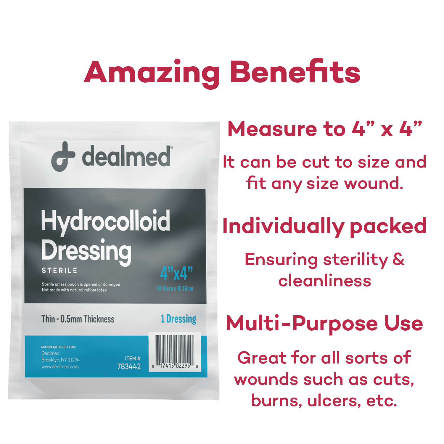 Dealmed 4" x 4" Hydrocolloid Dressing, Thin .5mm | Sterile Individually Packed Dressings | Provide Moist Wound Healing Environment (Thin, Case of 240)