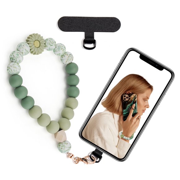 Correa de muñeca Lostars para teléfono móvil, con cuentas de silicona, color verde, diseño de margarita
