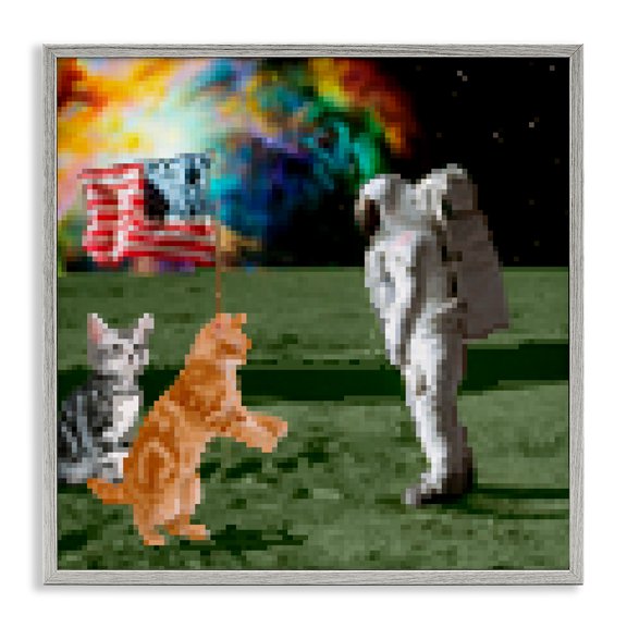 Stupell Industries Pixel Cats & Astronaut Novelty & Humor Painting Gray Framed Art Print Wall Art, 17 x 17