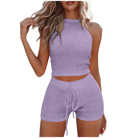PRINxy Women's Ribbed 2 Piece Workout Set Halter Neck Crop Top High Waist Drawstring Biker Shorts Seamless Stretchy Yoga Athletic Wear Purple S