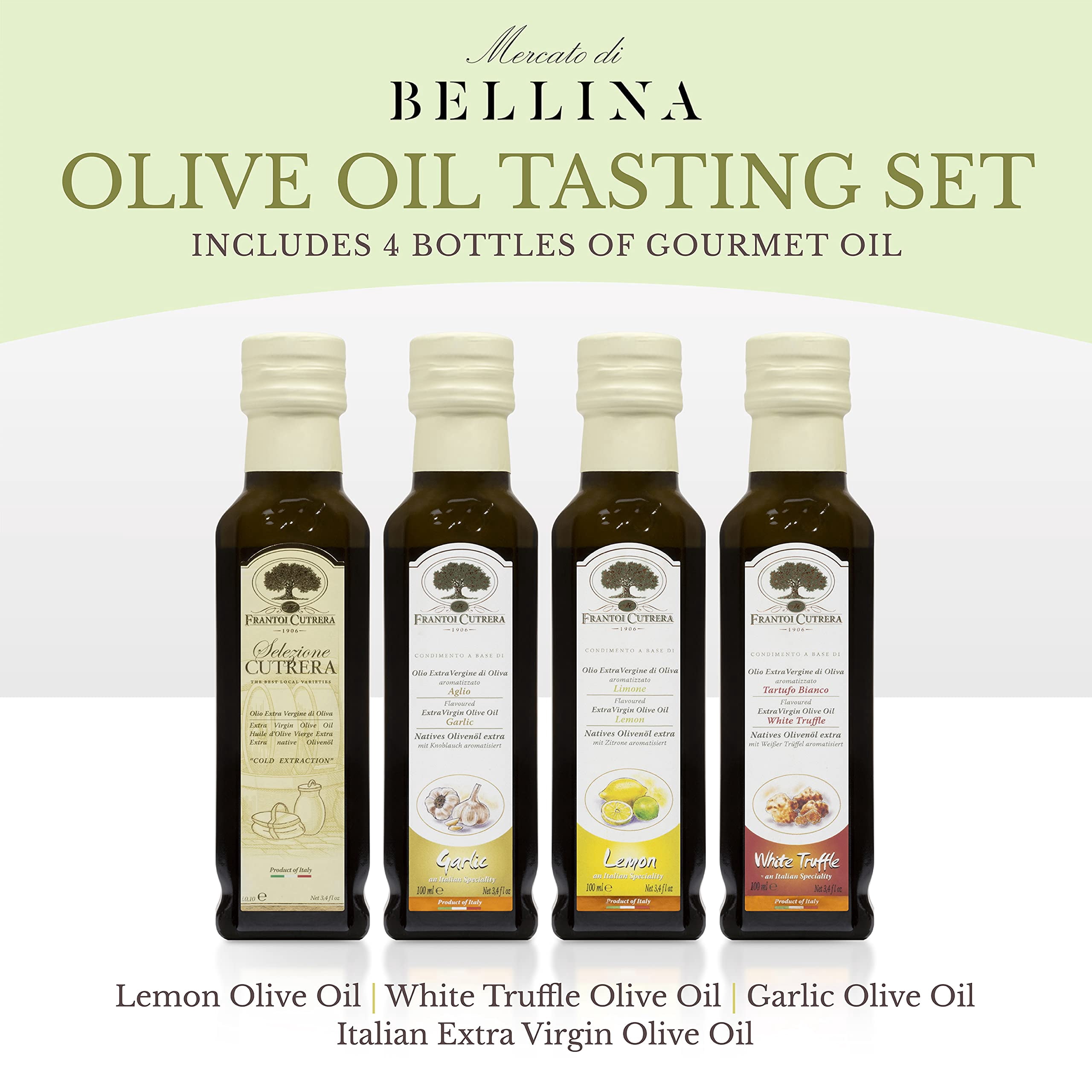 Mercato di Bellina Infused Olive Oil Tasting Set - Italian Original, Truffle, Garlic, and Lemon Flavored Olive Oil Gift Set for Cooking and Dipping Bread - Made in Italy - 4 X 3.38 fl oz (100ml)