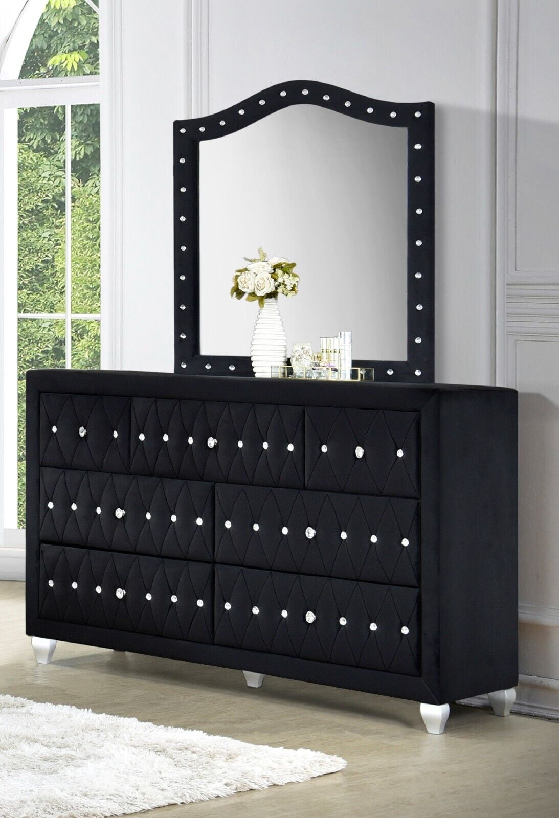 Modern 4Pc King Size Bed Dresser Mirror Nightstand Set Master Bedroom Furniture Black Velvet