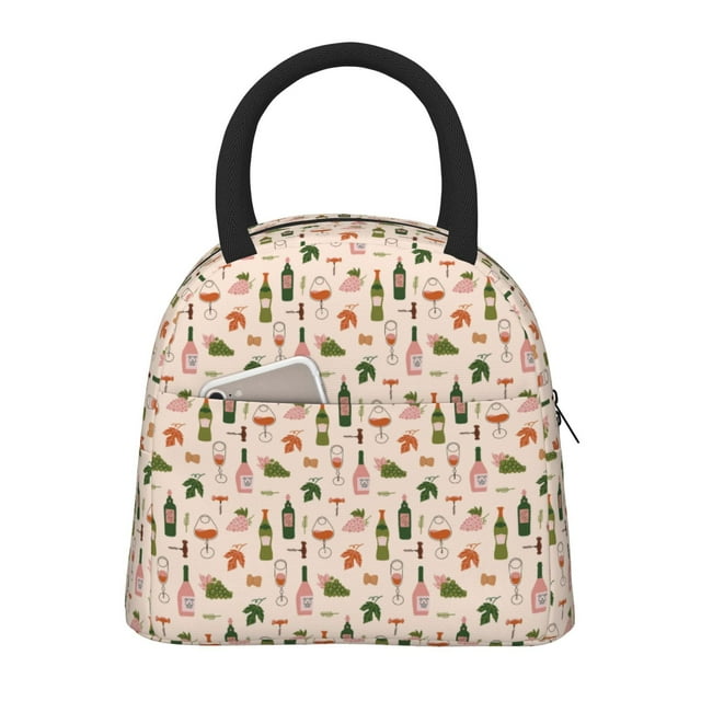 Honeii Bouteilles de Vin avec Imprimé Raisins Sac à Lunch Isolé Femmes Boîte à Lunch Réutilisable avec Poche pour Travail Pique-Nique Voyage