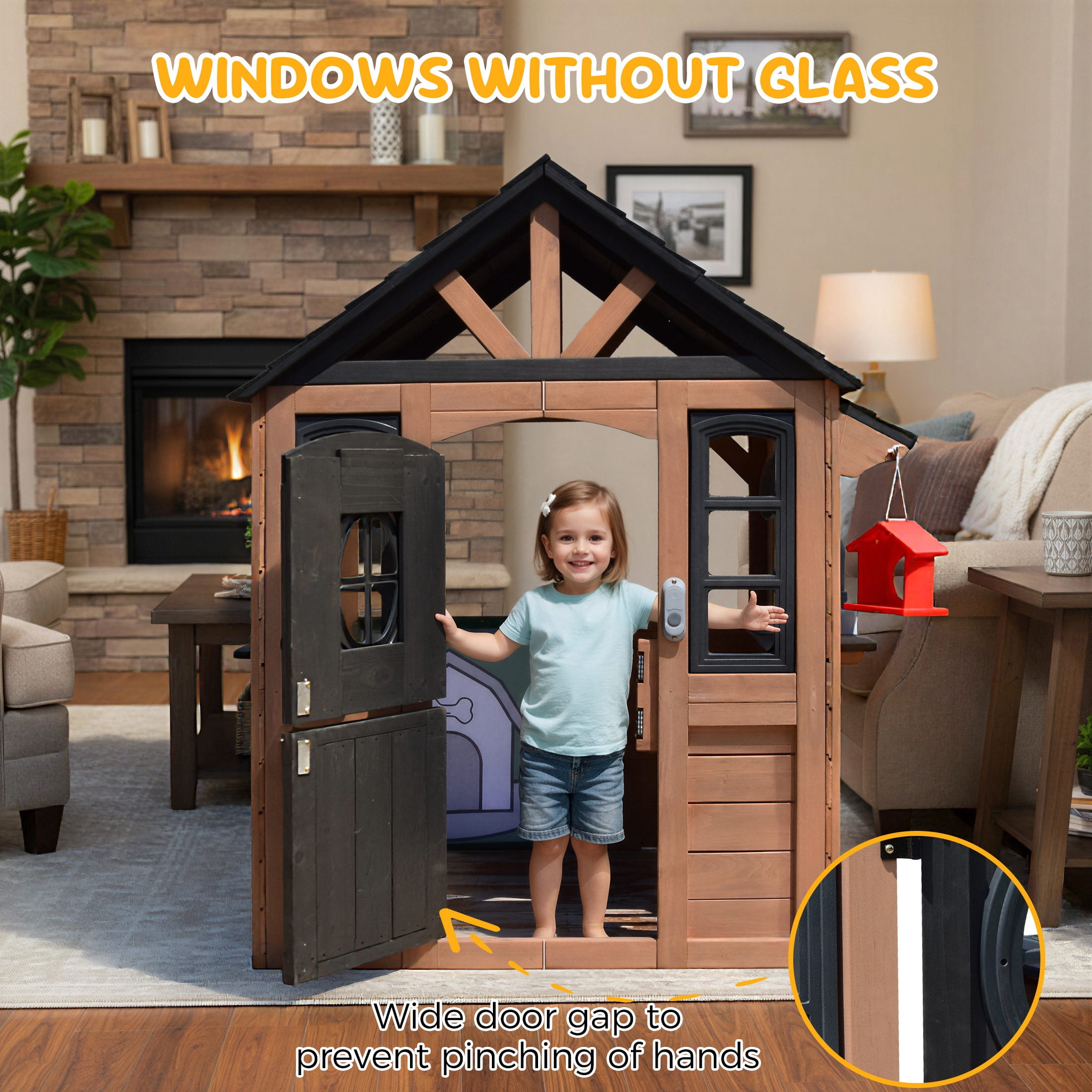 COCLUB Kids Outdoor Playhouse, Wooden Playhouse with Play Kitchen, Working Doorbell, Bird Cage, Pet Door, Backyard Casa de CampañA Para NiñOs Country Style