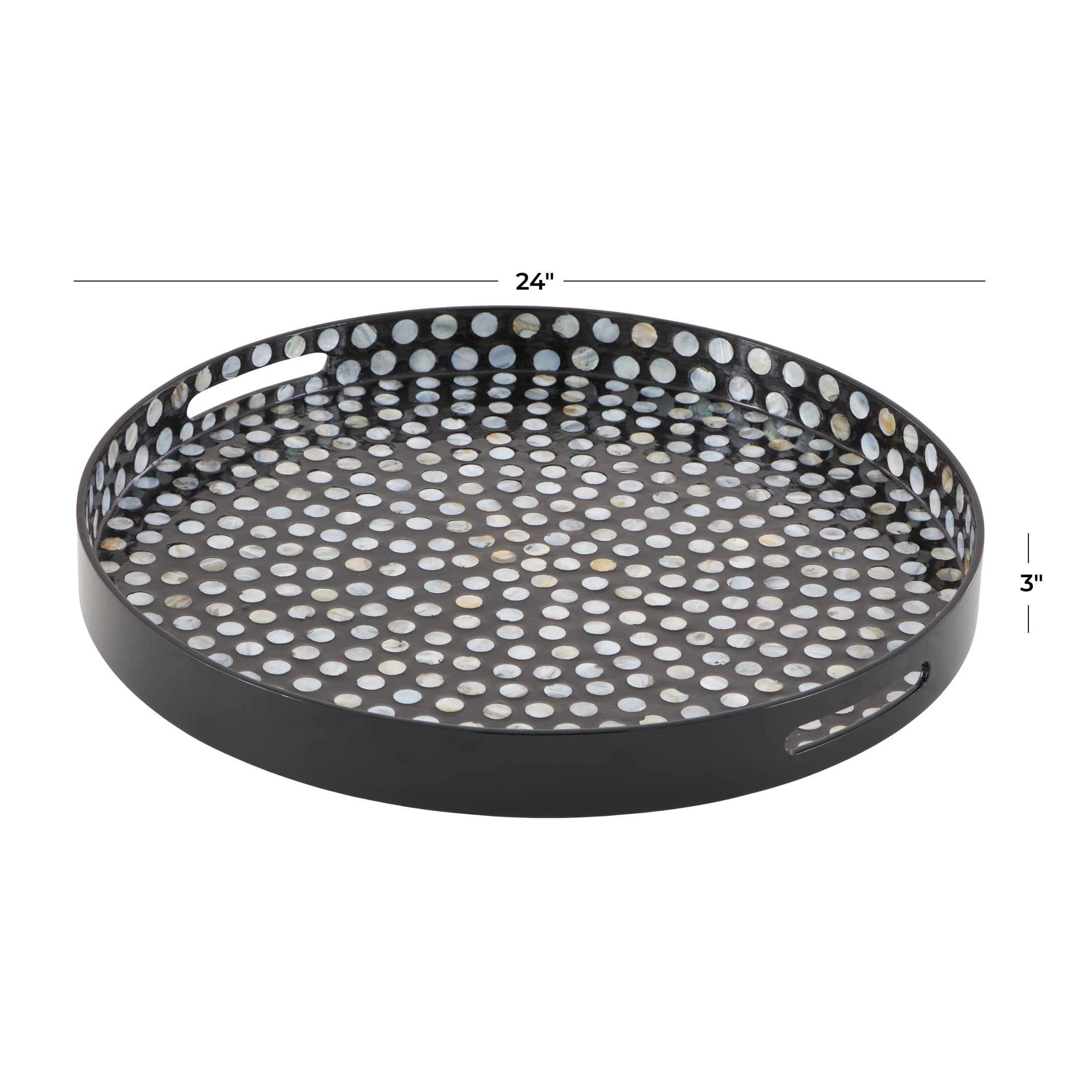 DecMode 24" x 24" Black Mother of Pearl Shell Handmade Nautical Tray with Slot Handles, 1-Piece