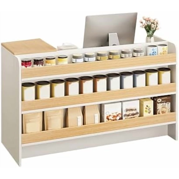 Modern Reception Desk Counter, Retail Counter Reception Desk with Lockable Drawers, Retail Checkout Counter with Open Shelves (White-You)$$Office