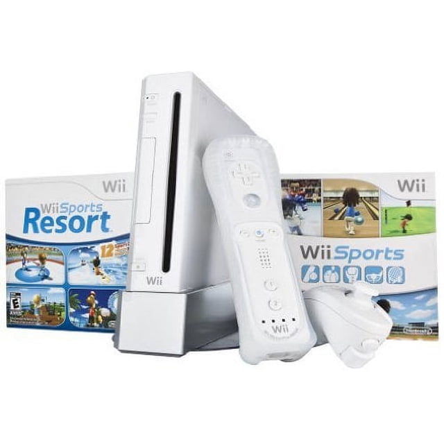 Restored Wii with Wii Sports & Wii Sports Resort in white, featuring a refurbished Nintendo Wii console, a controller, a nunchuk, a sensor bar, and a motion plus add-on. Includes two games: Wii Sports and Wii Sports Resort, offering activities like tennis, baseball, bowling, golf, boxing, skydiving, archery, and more. The console is displayed alongside the game cases and accessories.