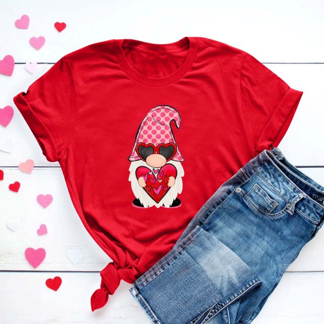 Penkiiy T-Shirt à Col en V pour Femmes avec Cœur Amoureux, Saint-Valentin, Drôle, Assorti pour Couple, Décontracté, Manches Courtes, Cadeau, Hauts, TG, Rouge