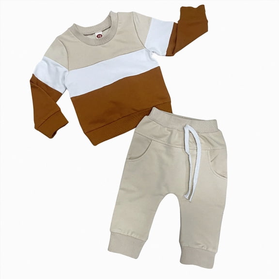 TOWED22 2 Piece Toddler Baby Girl Boy Outfits Fall Winter Clothes Long Sleeve Color Block Sweatshirt Tops and Joggers Pants Set Clothing(Beige,0-6 Mouths)