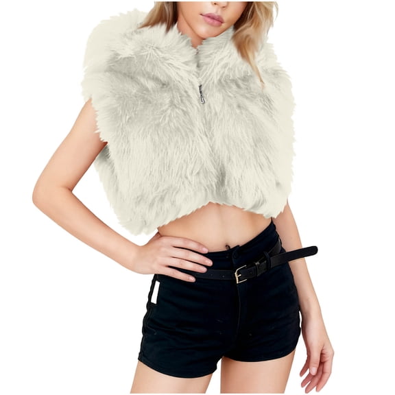 Hxshgdsn Womens Faux Fur Shrugs Jacket Trendy Lapel Sleeveless Full Zipper Crop Cardigans Vest Y5K Beige S