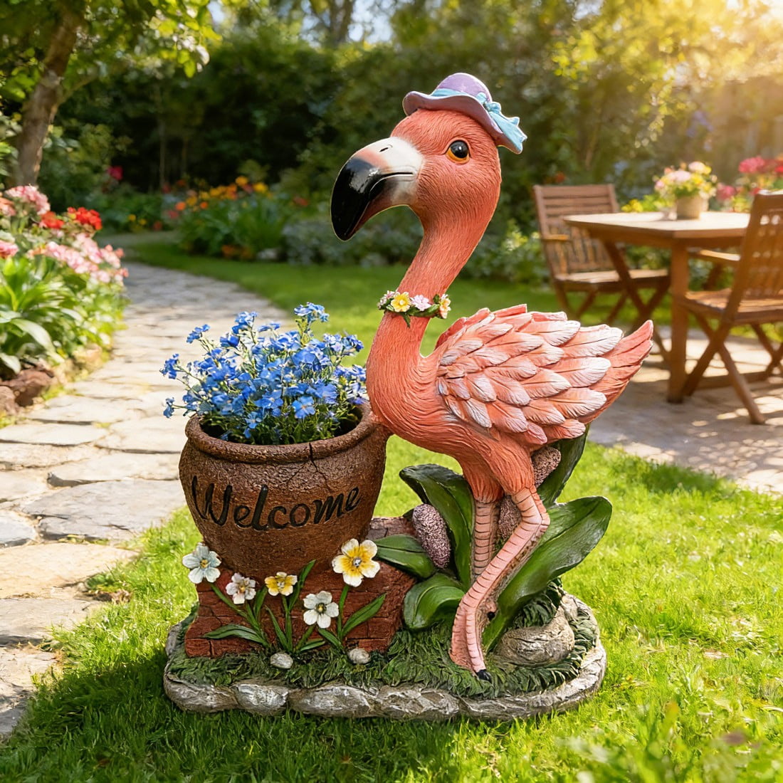 Flamingo Planter Statue with Top Hat and Bowtie Resin Garden Decor Flower Pot with Welcome Sign Outdoor Indoor Patio Porch Accent