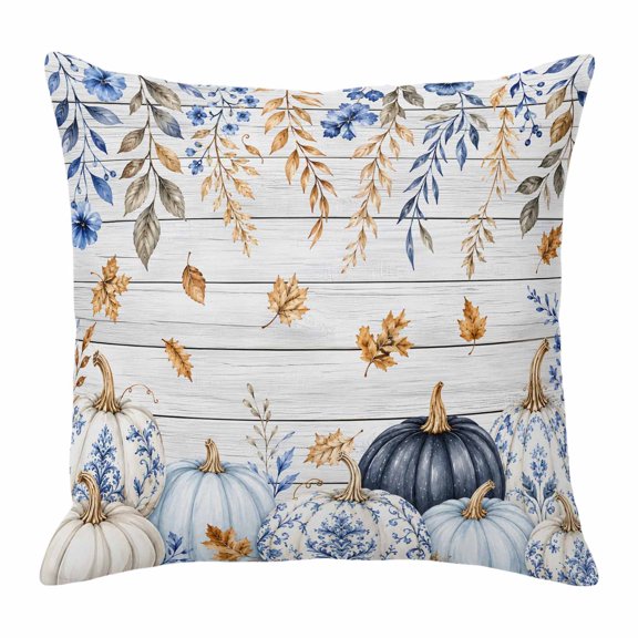 Throw Pillow Covers, Navy Blue Pumpkins Fall Decorative Throw Pillow Covers 20x20 Inch, Thanksgiving Botanical Leaf Wood Square Linen Pillow Cases for Couch/Living Room/Sofa