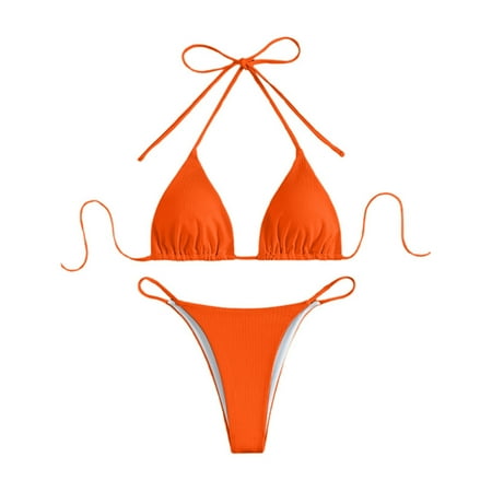 HABDGIKS Bikinis Sets for Women High Waisted Sexy Halter Bra Knot Thongs Bathing Suit Split Swimsuit