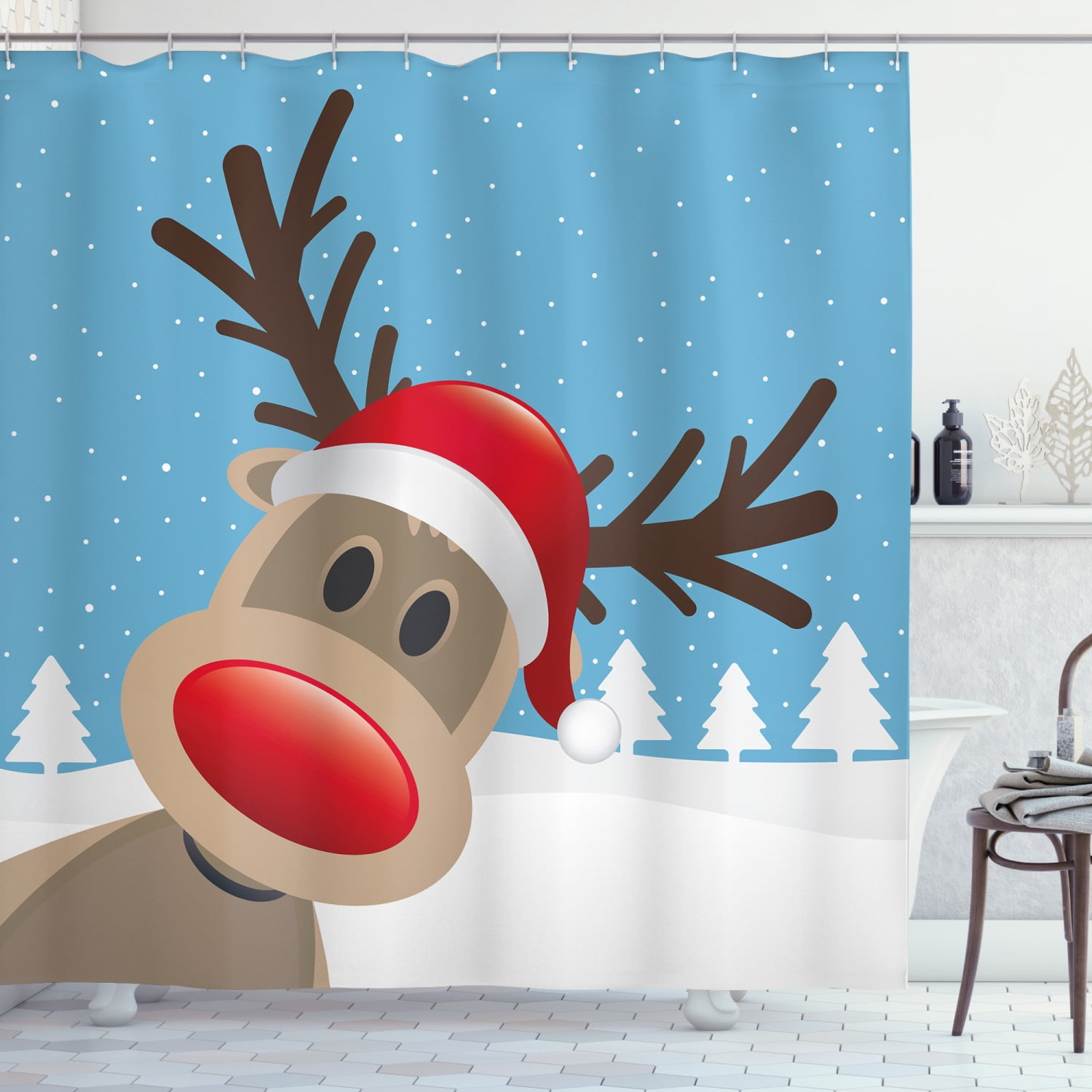 Xmas Decor Santa With Reindeers Wooden Snowy House Fabric Shower Curtain Set 