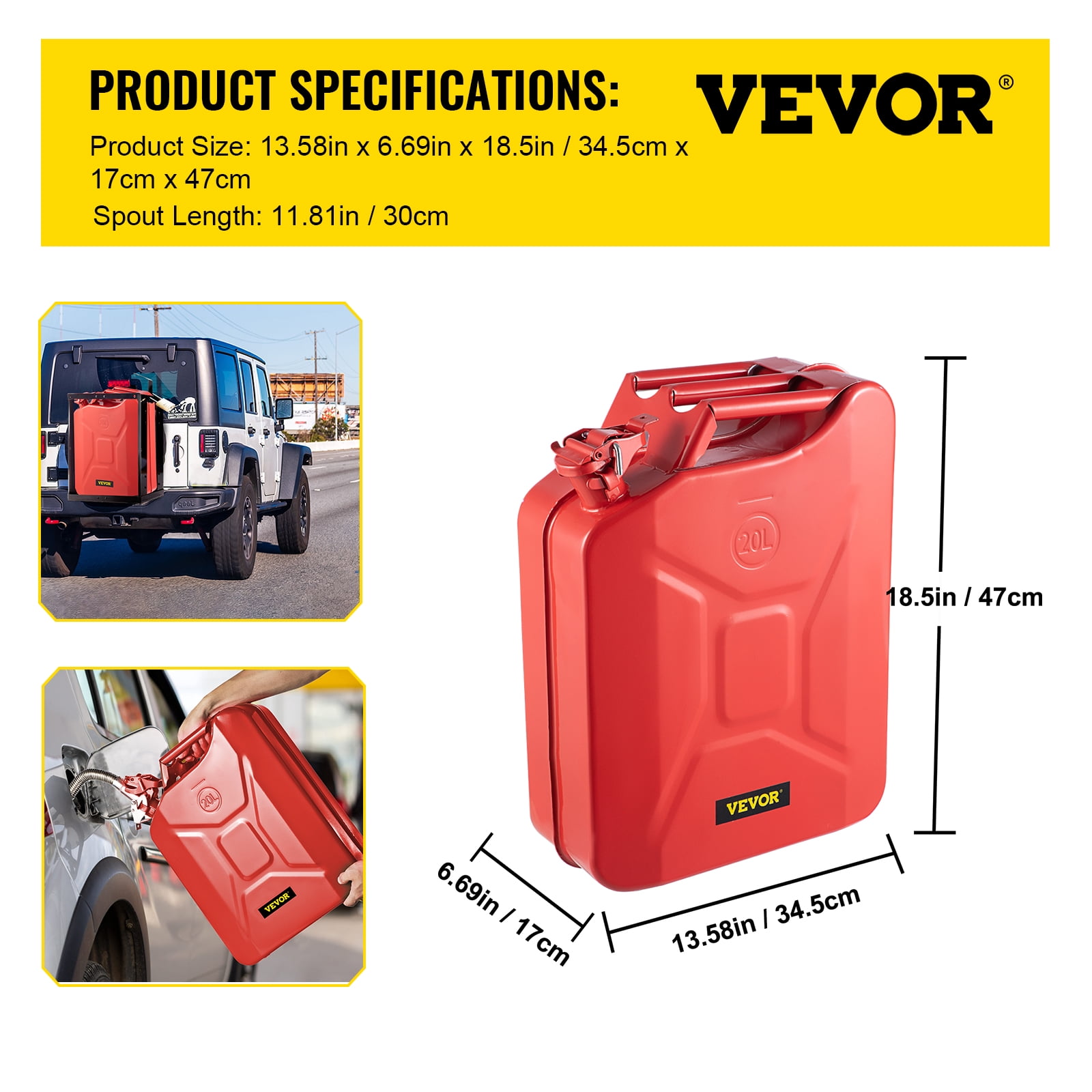 VEVOR Jerry Fuel Can, 5.3 Gallon / 20 L Portable Jerry Gas Can with Flexible Spout System, Rustproof ＆ Heat-Resistant Steel Fuel Tank for Cars Trucks Equipment, Red