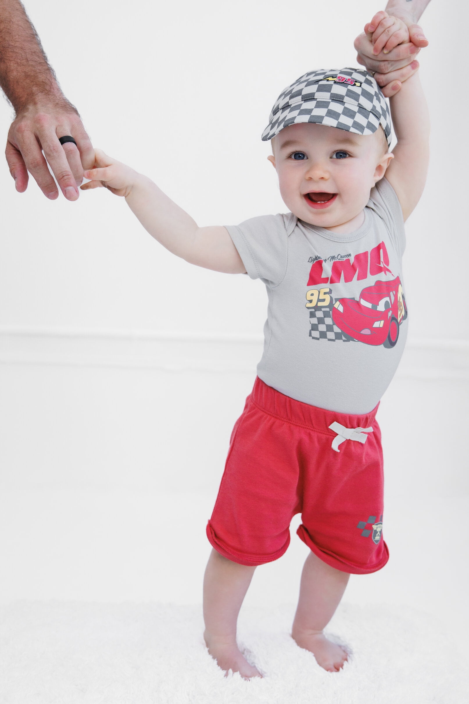 Disney Cars Lightning McQueen Bodysuit, Shorts and Baseball Cap 3 Piece Outfit Set Newborn to Infant