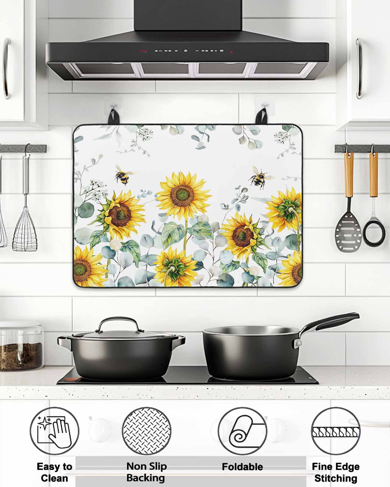 Stove Top Covers for Electric Stove, Sunflower Glass Stovetop Cover Protector, Sage Green Summer Botanical Eucalyptus Farmhouse Bee Induction Cooktop Protector Oven Mat for Kitchen Countertop 24"x21"