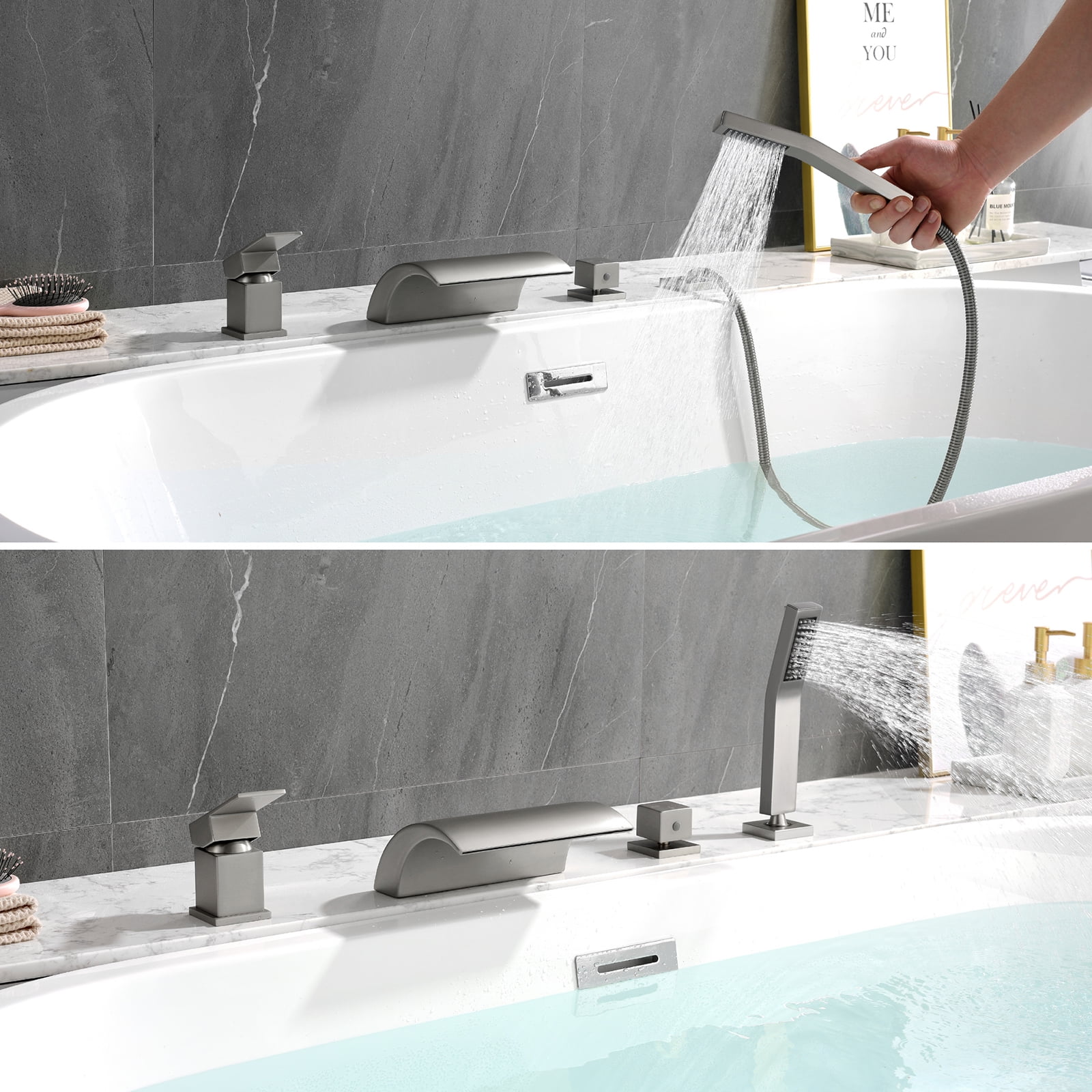 Cobbe Single Handle Bathroom Bathtub Faucet with 7.09-Inch Wide Waterfall Spout and Handheld Shower 4-Hole Mount Brushed Nickel