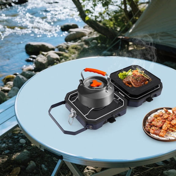 Portable 2-Burner Gas Stove, 430 Stainless Steel with Non-Stick Coating, 20cm Pot Compatibility & Anti-Slip Feet for Picnics/Outdoor Events
