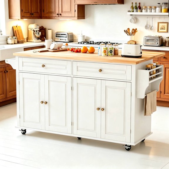 JassmiPkwy 67’’ Rolling Kitchen Island Cart with Drop Leaf, 3-Tier Door Storage, Movable Kitchen Islands Table with Wheels, White