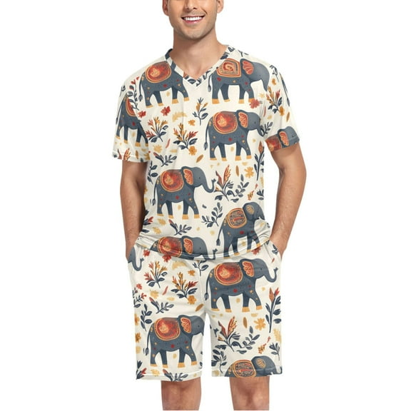 joogoo Men's Pajama Set Ethnic Cute Elephant V-Neck Pj Shorts Set 2 Piece Loungewear Sleepwear L